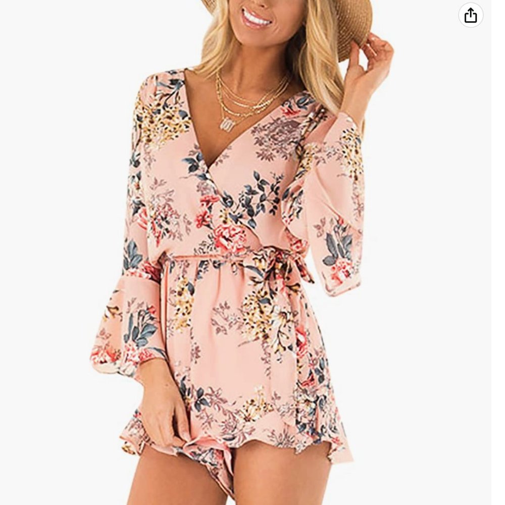 NWT | Amazon | Floral Print Bell Sleeve Tie Waist Romper | Medium | Pink